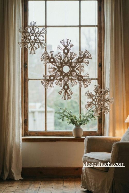 Large ivory macrame snowflake window hanging with delicate knotted fringe and soft winter light