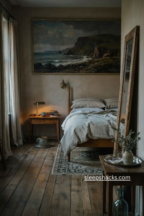 Large scale art bedroom with tall wood mirror moody walls and warm lighting 