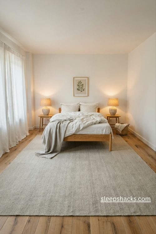 Large textured light grey rug under a bed in a cozy grey and white bedroom