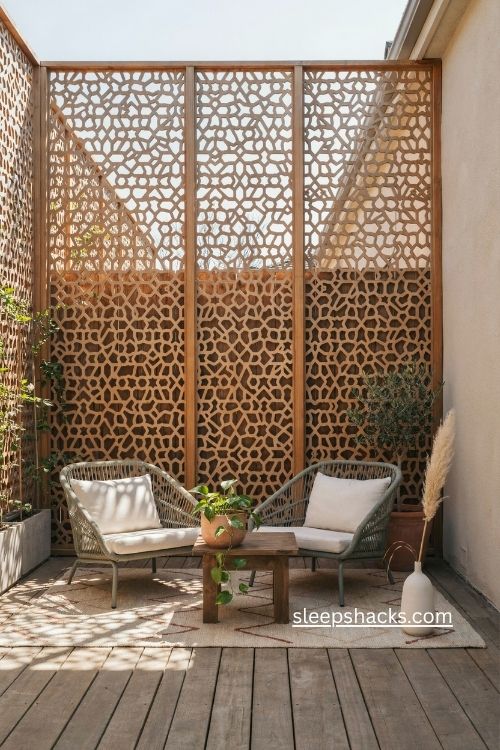 Laser cut wood privacy screen enclosed patio ideas with cozy low seating