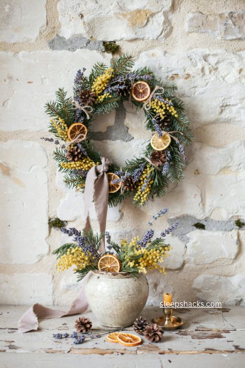 Lavender mimosa and dried orange French country Christmas wreath 