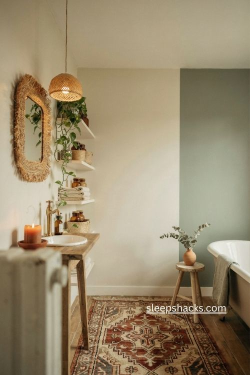 Layer boho into a tiny bathroom 
