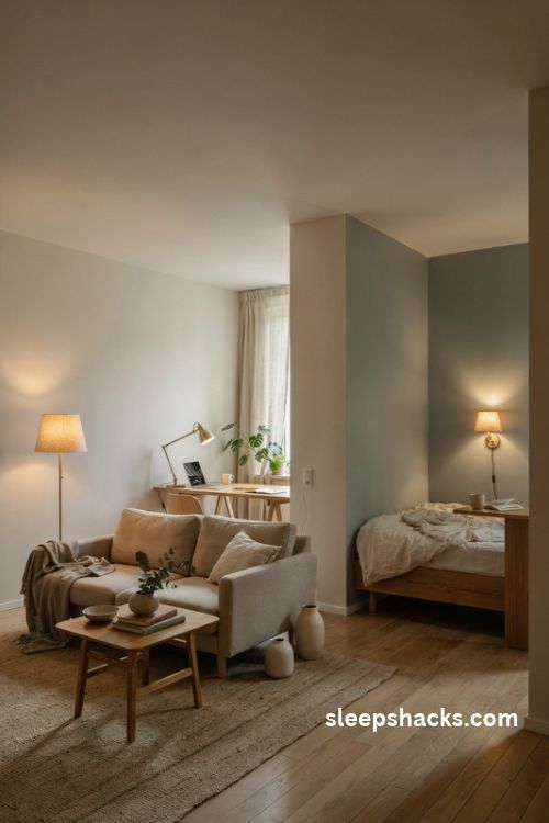Layer lighting to mark each zone in a cozy studio apartment with a floor lamp, bedside sconce, and desk lamp