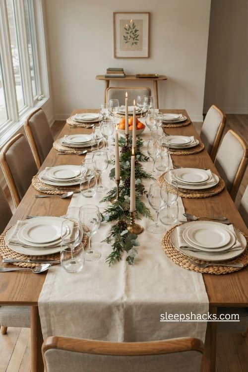 Layered Christmas table setup with stacked dinner plates woven rattan chargers and elegant festive details