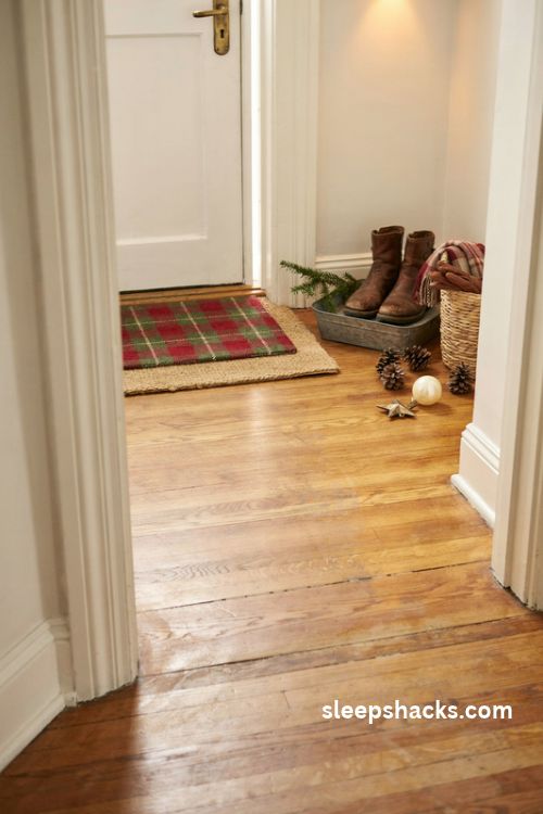 Layered Christmas welcome mats with a plaid doormat boot tray pinecones and cozy farmhouse entryway decor