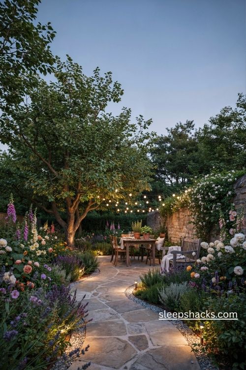 Layered backyard garden lighting with warm path lights tree uplighting and glowing string bulbs