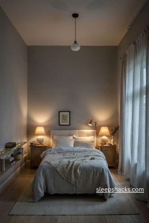 Layered bedroom lighting with warm bedside lamps and soft grey walls