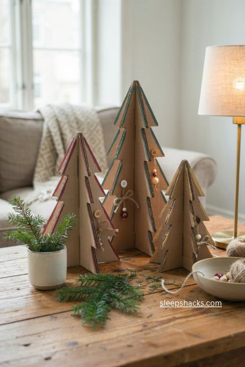 Layered cardboard christmas trees with handmade ornaments and cozy recycled holiday decor 
