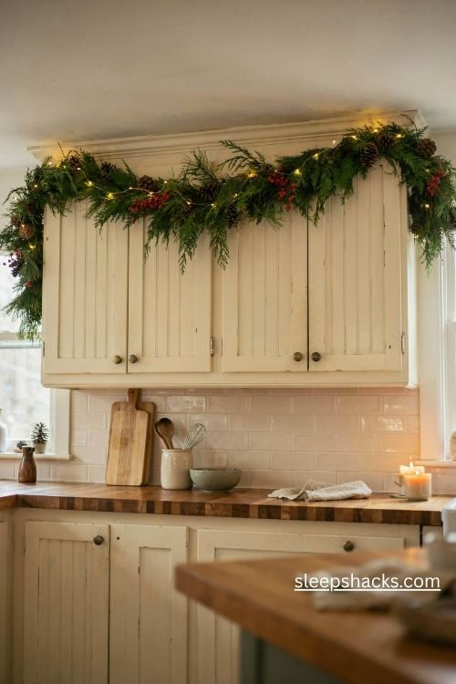 Layered christmas garland with warm white lights and pinecones across kitchen cabinet tops