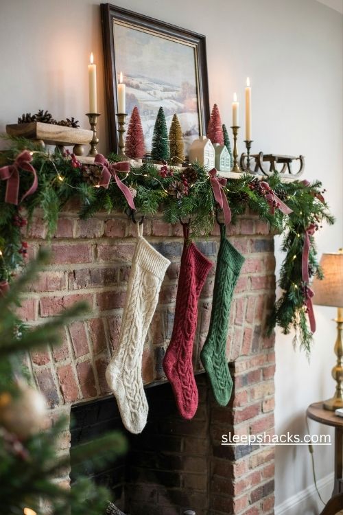 Layered christmas mantel garland with cozy stockings vintage candlesticks and natural greenery