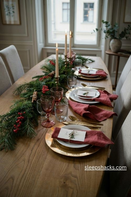 Layered christmas place settings with cream menu cards red napkins and gold chargers