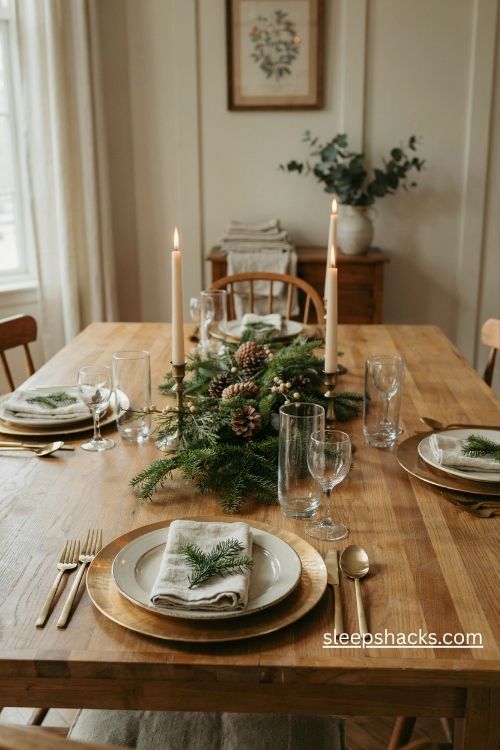 Layered christmas plates with gold chargers white dinnerware and sage green salad plates