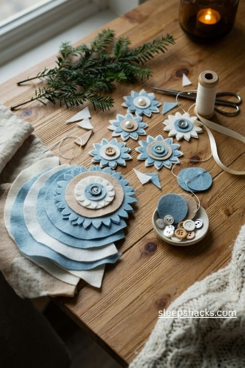 Layered circle felt snowflake ornaments in white ivory and pale blue with button centers