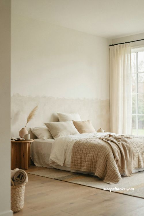 Layered cream bedding with washed linen and oatmeal knit throw in a cozy bedroom