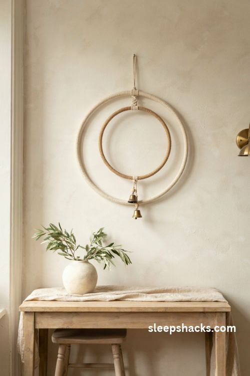 Layered double ring macrame christmas wreath in cream and tan cotton rope