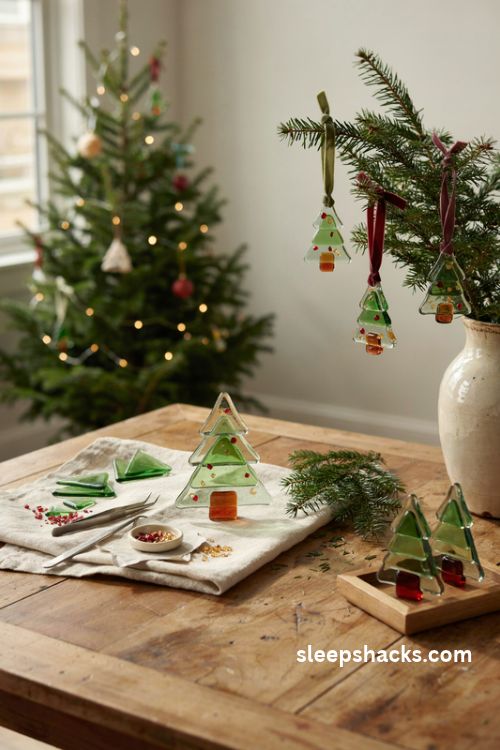 Layered green fused glass christmas tree ornament with red and gold details