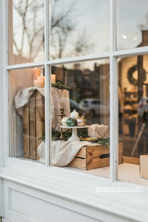 Layered height christmas storefront display with wooden crates cake stands neutral linen and vintage ornaments