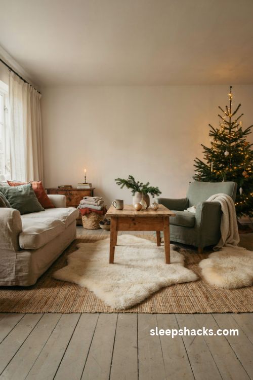Layered jute and ivory wool rugs for a warm and cozy christmas living room