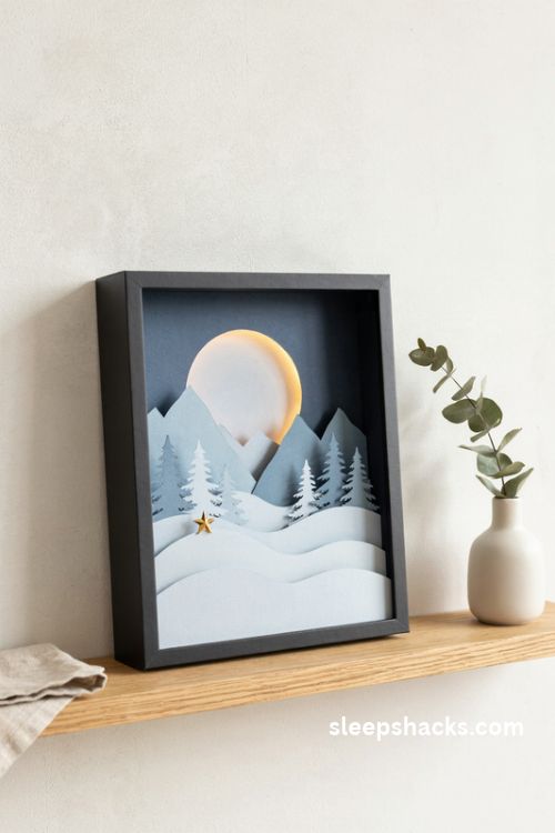Layered paper cut Christmas diorama with snowy hills, evergreen silhouettes, a glowing winter moon, and a tiny gold star