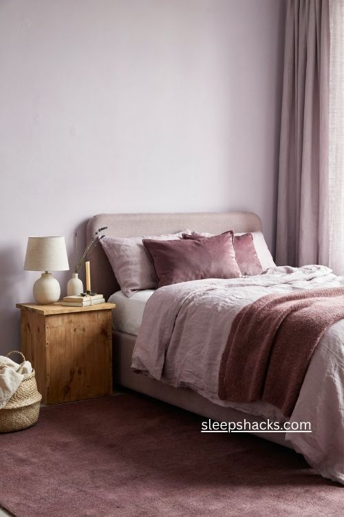 Layered purple bedroom with lavender walls lilac linen and plum velvet textures