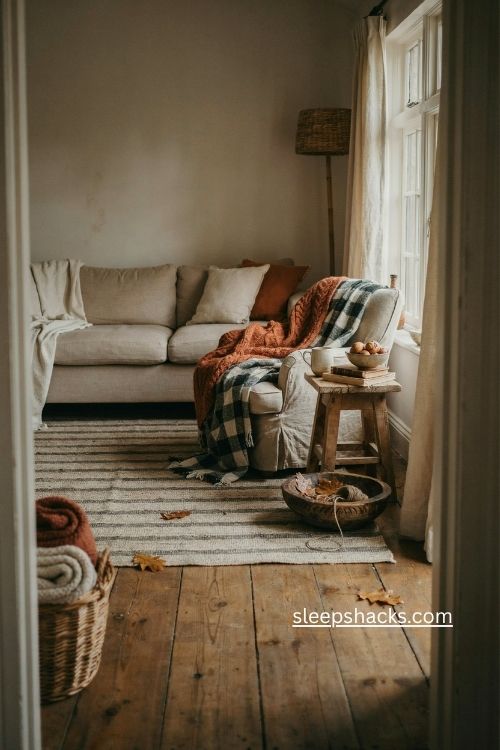 Layered texture fall cottage living room with wool rugs chunky throws and wicker