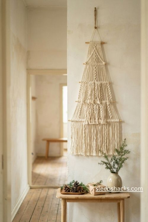 Layered tiered macrame christmas tree wall hanging with natural cotton fringe