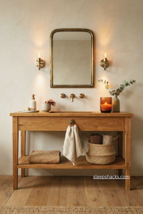 Layered warm lighting for a cozy fall bathroom with brass and wood