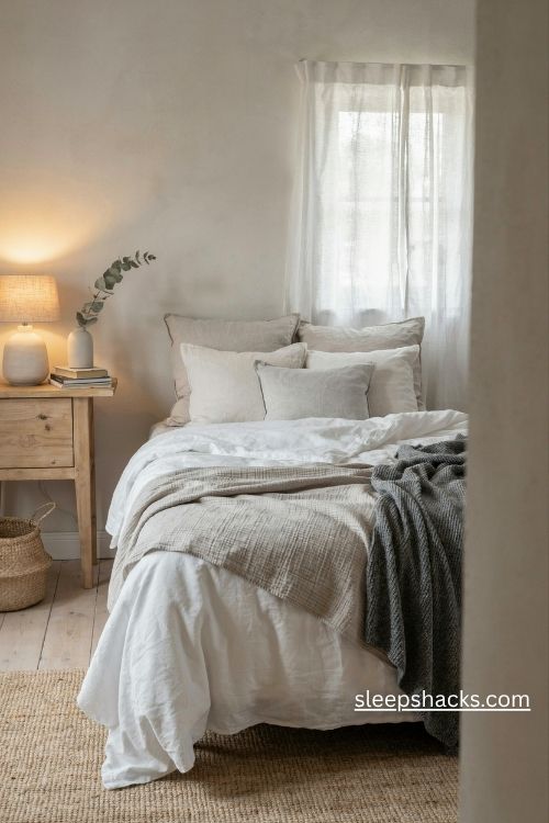 Layered white bedding with soft grey throws for a cozy bedroom