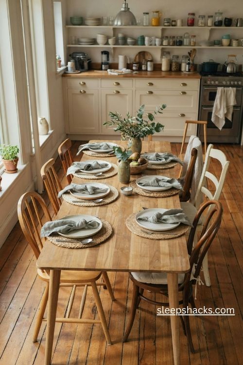 Layered woven placemats and linen napkins on a rustic farmhouse kitchen table