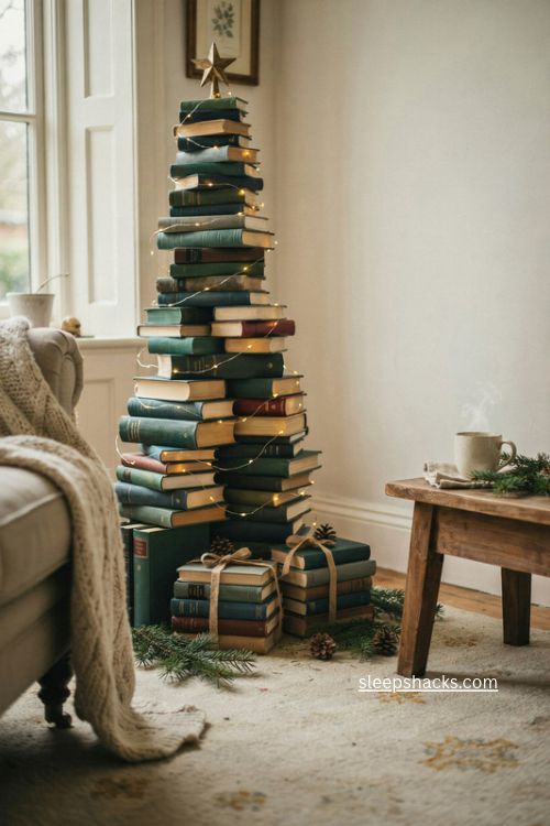 Lazy green book stack christmas tree with fairy lights and cozy holiday decor 