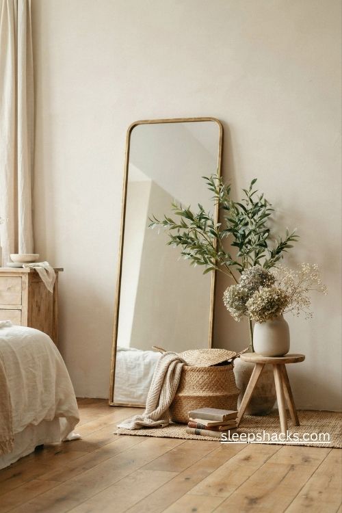 Leaning full length bedroom mirror styled with a leafy plant woven baskets and dried hydrangeas