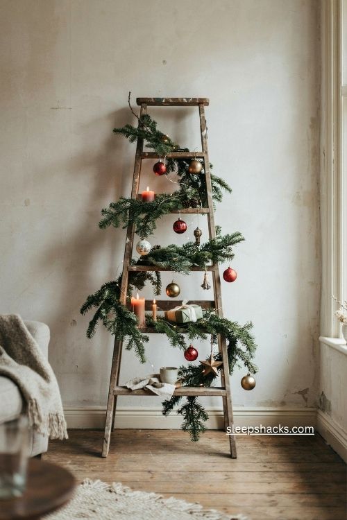 Leaning ladder christmas tree with rustic garland and vintage ornaments for small spaces 