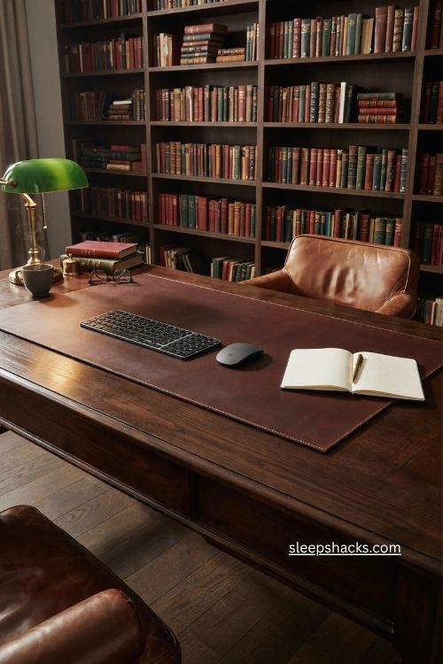 Leather desk pad on a dark walnut desk in a masculine home office