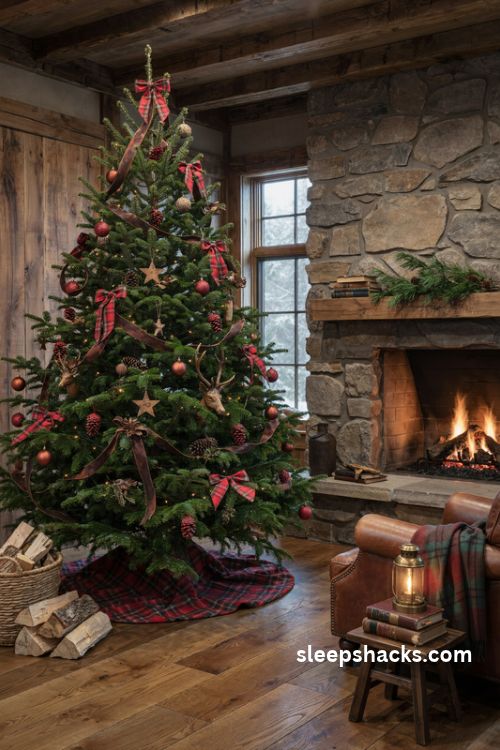 Leather ribbon and red plaid Christmas tree with carved wooden stags in a rustic mountain lodge