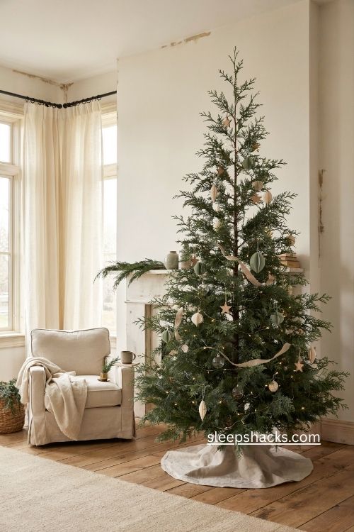 Leyland cypress Christmas tree with feathery dark green foliage and airy southern decor 