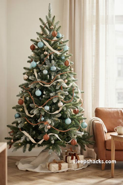 Light blue and camel Christmas tree with leather ornaments ivory ribbon and soft flocked branches
