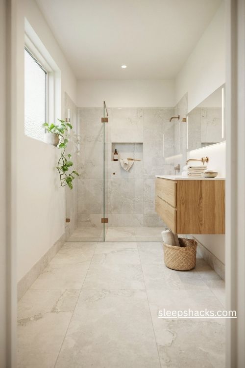 Light ensuite bathroom ideas with large format stone tiles and warm neutral colors