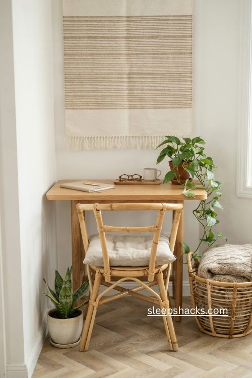 Light neutral boho office decor with white walls and warm natural textures 