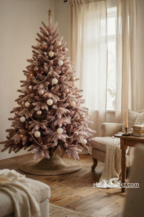Light pink christmas tree decorated with pearl garlands champagne baubles and elegant ivory ornaments