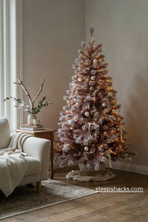 Light pink christmas tree glowing with warm white fairy lights and delicate frosted branches