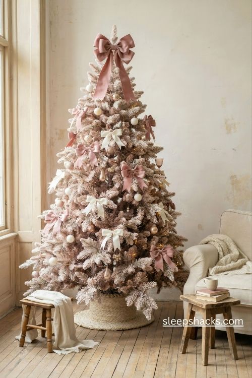 Light pink christmas tree with ballet slipper pink satin bows and flowing ivory ribbon tails