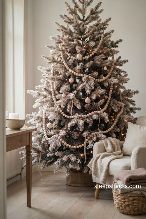 Light pink christmas tree with chunky natural wooden bead garlands and handmade blush accents