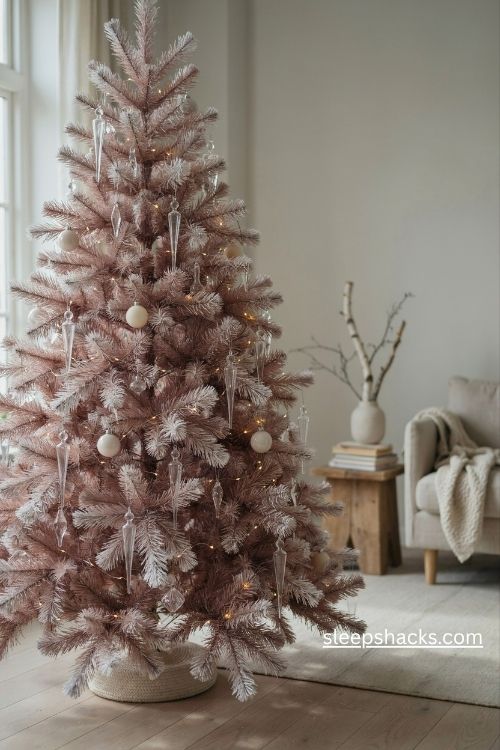 Light pink christmas tree with clear crystal icicle ornaments and delicate frosted branches