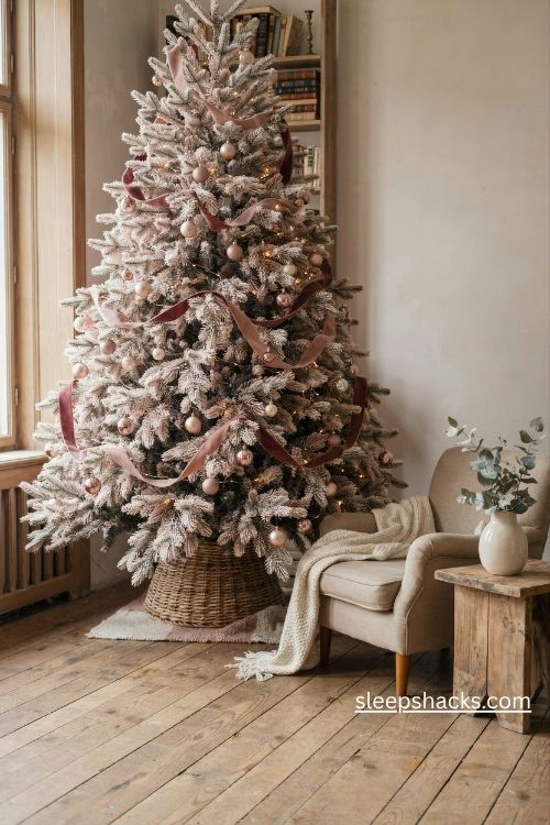 Light pink christmas tree with flowing mauve velvet ribbon and elegant vintage holiday ornaments