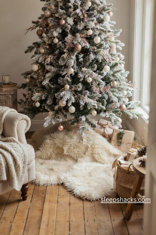 Light pink christmas tree with fluffy cream faux fur tree skirt and beautifully wrapped gifts