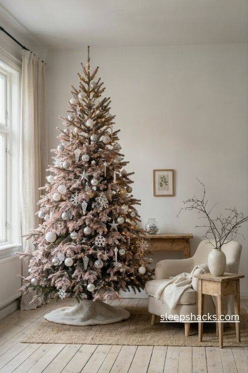 Light pink christmas tree with frosted glass ornaments matte silver stars and delicate icy snowflakes