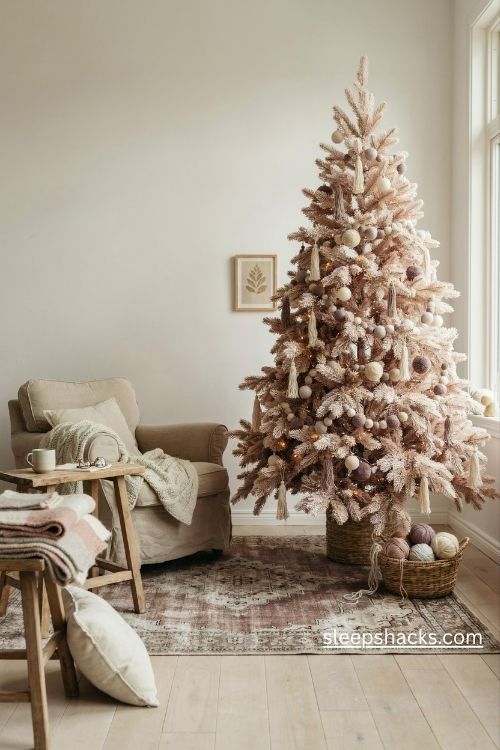Light pink christmas tree with handmade cream blush and mauve pom pom and tassel garlands