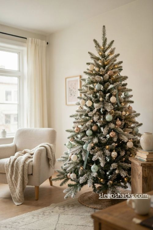 Light pink christmas tree with mint green ornaments cream baubles and vintage gold accents