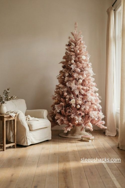 Light pink christmas tree with ombre rose ornaments fading from pale blush to deep dusty pink