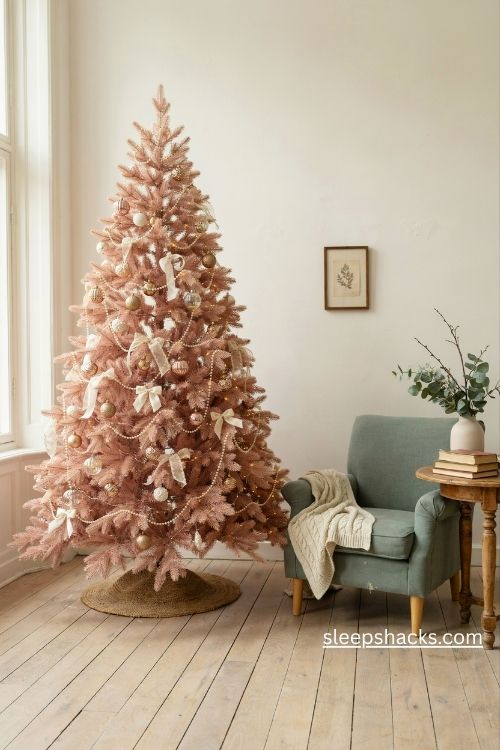 Light pink christmas tree with pearl garlands ivory velvet bows and elegant vintage holiday decor